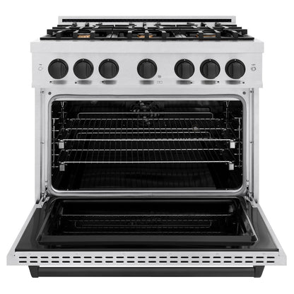 ZLINE Autograph Edition 36 in. 5.2 cu. ft. Classic Dual Fuel Range with 6 Burner Gas Cooktop and Electric Convection Oven in Satin Stainless Steel with Matte Black Accents (CDRSZ-36-MB)