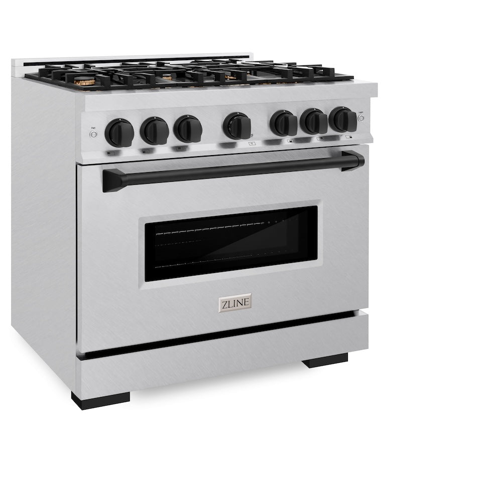 ZLINE Autograph Edition 36 in. 5.2 cu. ft. Classic Dual Fuel Range with 6 Burner Gas Cooktop and Electric Convection Oven in Satin Stainless Steel with Matte Black Accents (CDRSZ-36-MB)