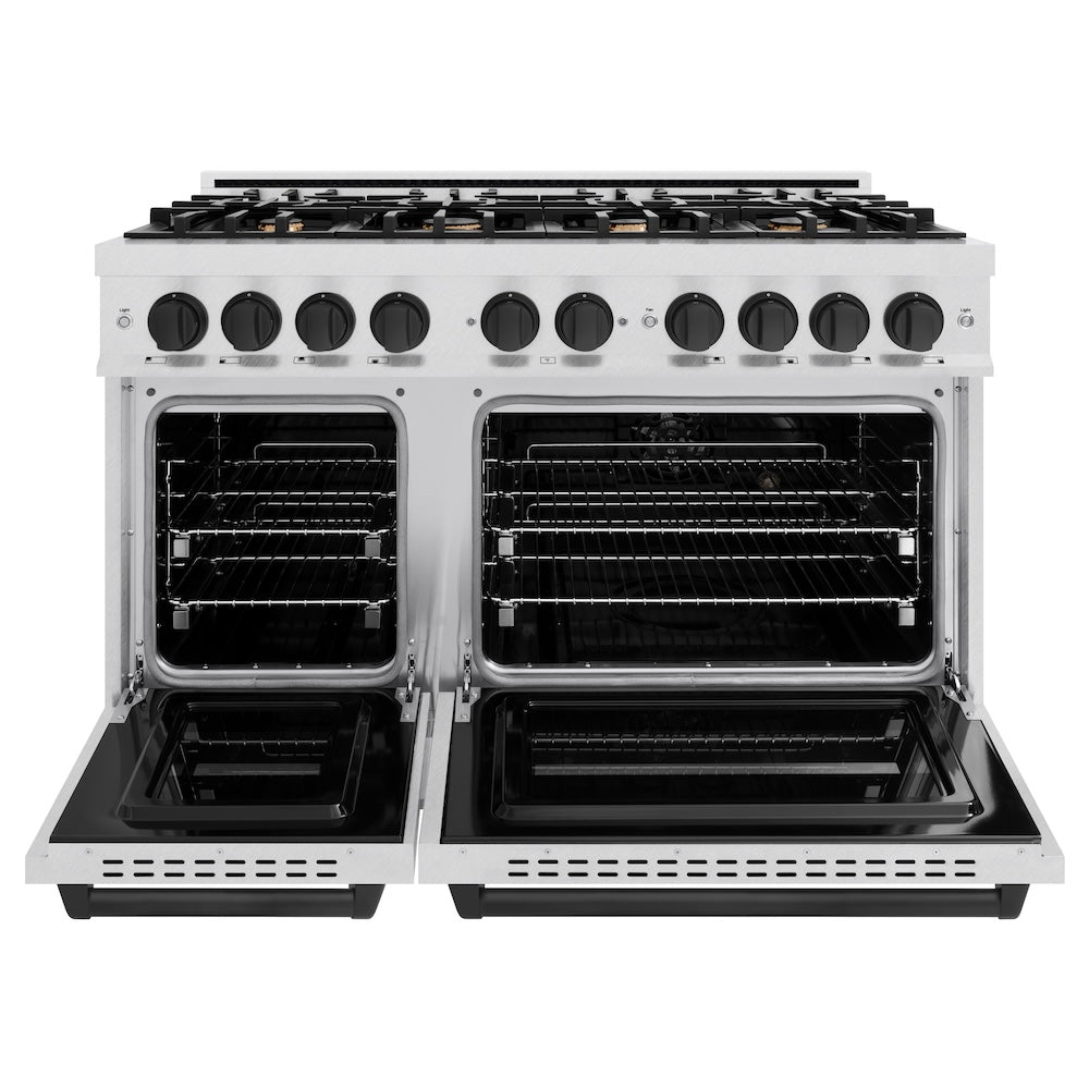 ZLINE Autograph Edition 48 in. 6.7 cu. ft. Classic Double Oven Dual Fuel Range with 8 Burner Gas Cooktop in Satin Stainless Steel and Matte Black Accents (CDRSZ-48-MB)