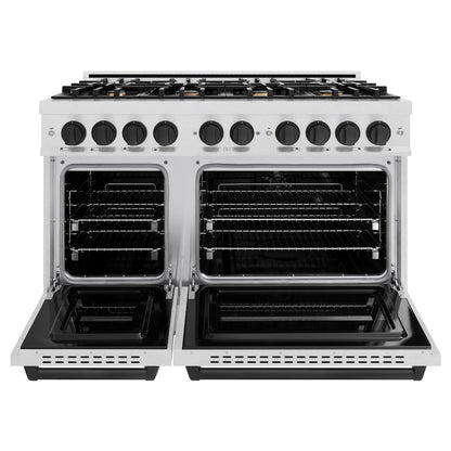 ZLINE Autograph Edition 48 in. 6.7 cu. ft. Classic Double Oven Dual Fuel Range with 8 Burner Gas Cooktop in Satin Stainless Steel and Matte Black Accents (CDRSZ-48-MB)
