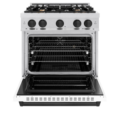 ZLINE Autograph Edition 30 in. 4.2 cu. ft. Classic Dual Fuel Range with 4 Burner Gas Cooktop and Electric Convection Oven in Satin Stainless Steel with White Matte Door and Matte Black Accents (CDRSZ-WM-30-MB)
