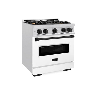 ZLINE Autograph Edition 30 in. 4.2 cu. ft. Classic Dual Fuel Range with 4 Burner Gas Cooktop and Electric Convection Oven in Satin Stainless Steel with White Matte Door and Matte Black Accents (CDRSZ-WM-30-MB)