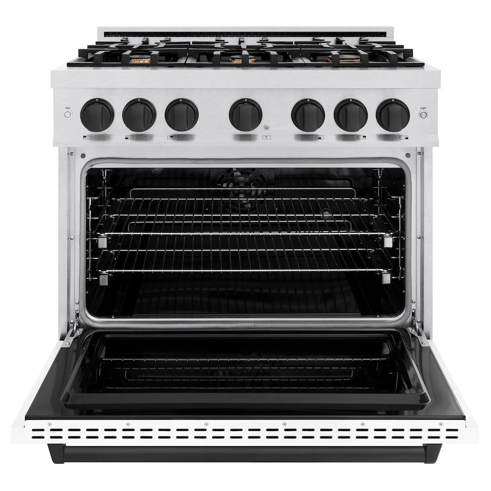 ZLINE Autograph Edition 36 in. 5.2 cu. ft. Classic Dual Fuel Range with 6 Burner Gas Cooktop and Electric Convection Oven in Satin Stainless Steel with White Matte Door and Matte Black Accents (CDRSZ-WM-36-MB)