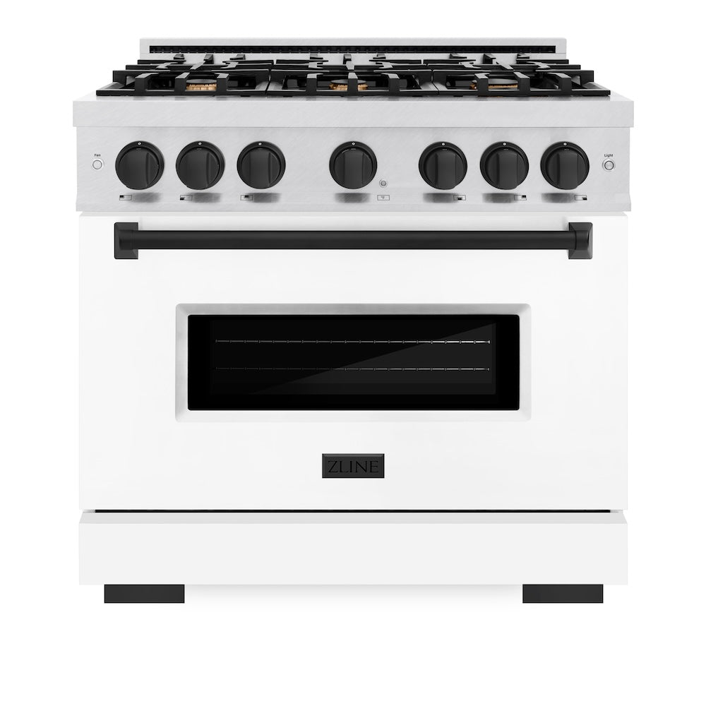 ZLINE Autograph Edition 36 in. 5.2 cu. ft. Classic Dual Fuel Range with 6 Burner Gas Cooktop and Electric Convection Oven in Satin Stainless Steel with White Matte Door and Matte Black Accents (CDRSZ-WM-36-MB)