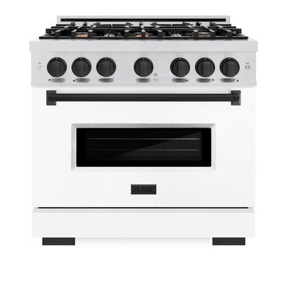 ZLINE Autograph Edition 36 in. 5.2 cu. ft. Classic Dual Fuel Range with 6 Burner Gas Cooktop and Electric Convection Oven in Satin Stainless Steel with White Matte Door and Matte Black Accents (CDRSZ-WM-36-MB)