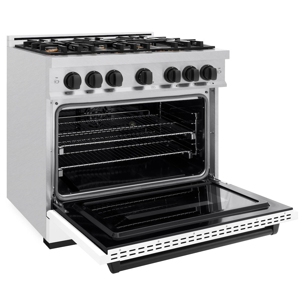 ZLINE Autograph Edition 36 in. 5.2 cu. ft. Classic Dual Fuel Range with 6 Burner Gas Cooktop and Electric Convection Oven in Satin Stainless Steel with White Matte Door and Matte Black Accents (CDRSZ-WM-36-MB)