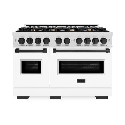 ZLINE Autograph Edition 48 in. 6.7 cu. ft. Classic Double Oven Dual Fuel Range with 8 Burner Gas Cooktop in Satin Stainless Steel with White Matte Doors and Matte Black Accents (CDRSZ-WM-48-MB)
