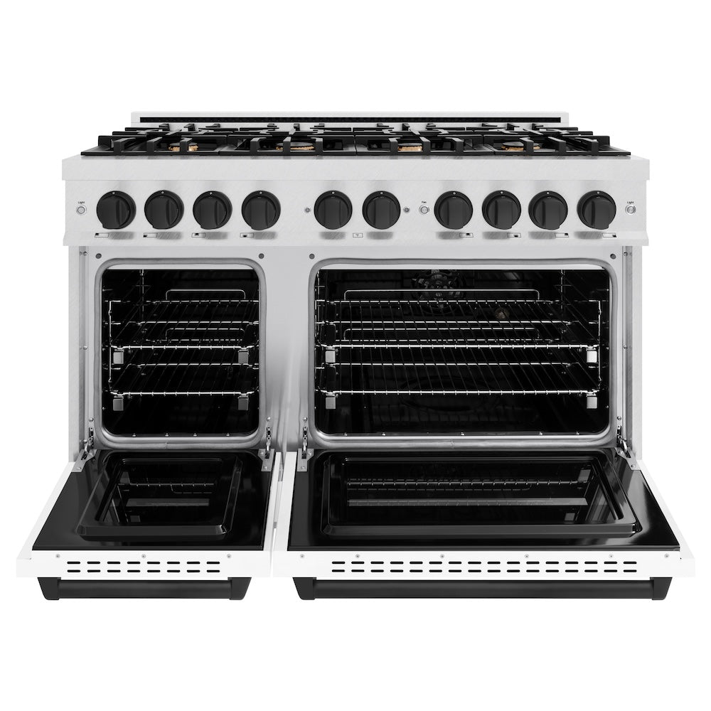 ZLINE Autograph Edition 48 in. 6.7 cu. ft. Classic Double Oven Dual Fuel Range with 8 Burner Gas Cooktop in Satin Stainless Steel with White Matte Doors and Matte Black Accents (CDRSZ-WM-48-MB)