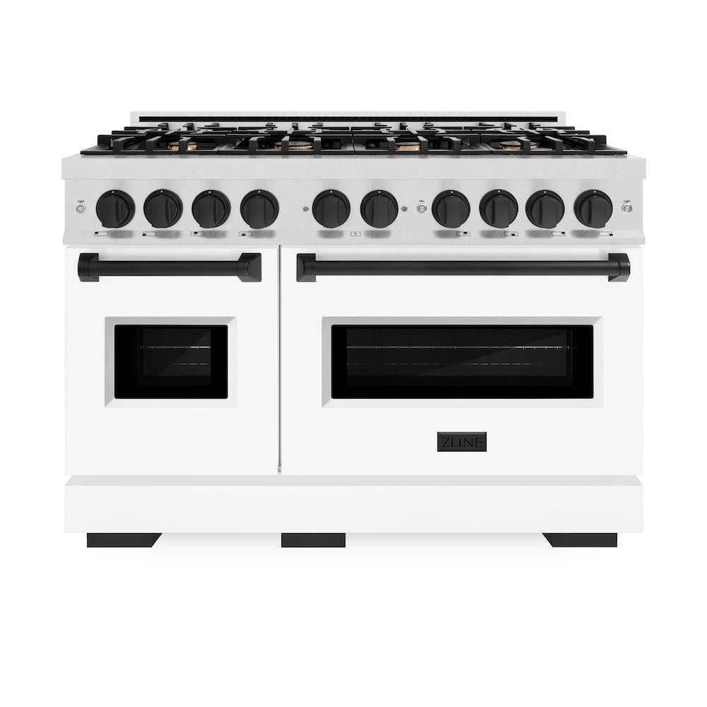 ZLINE Autograph Edition 48 in. 6.7 cu. ft. Classic Double Oven Dual Fuel Range with 8 Burner Gas Cooktop in Satin Stainless Steel with White Matte Doors and Matte Black Accents (CDRSZ-WM-48-MB)