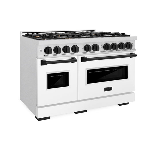 ZLINE Autograph Edition 48 in. 6.7 cu. ft. Classic Double Oven Dual Fuel Range with 8 Burner Gas Cooktop in Satin Stainless Steel with White Matte Doors and Matte Black Accents (CDRSZ-WM-48-MB)