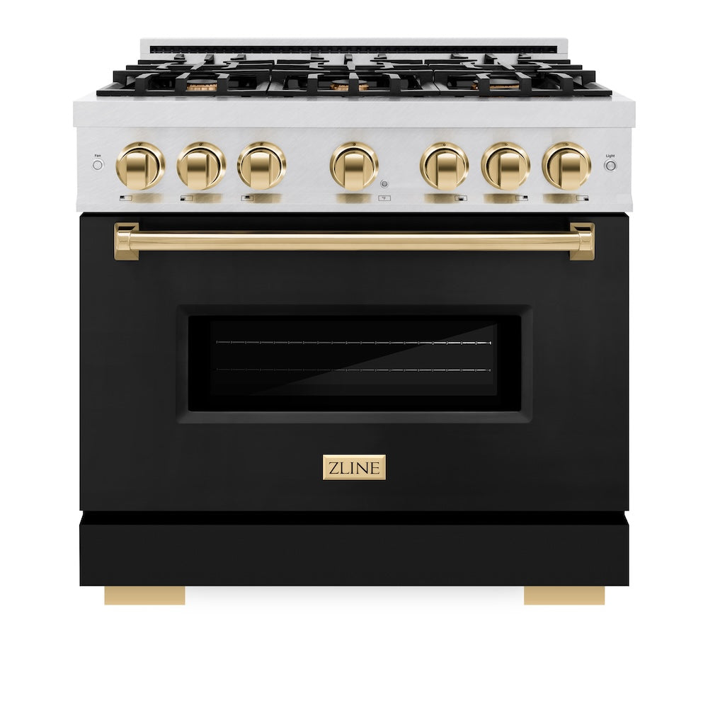 ZLINE Autograph Edition 36 in. 5.2 cu. ft. Classic Dual Fuel Range with 6 Burner Gas Cooktop and Electric Convection Oven in Satin Stainless Steel with Polished Gold Accents (CDRSZ-36-G)