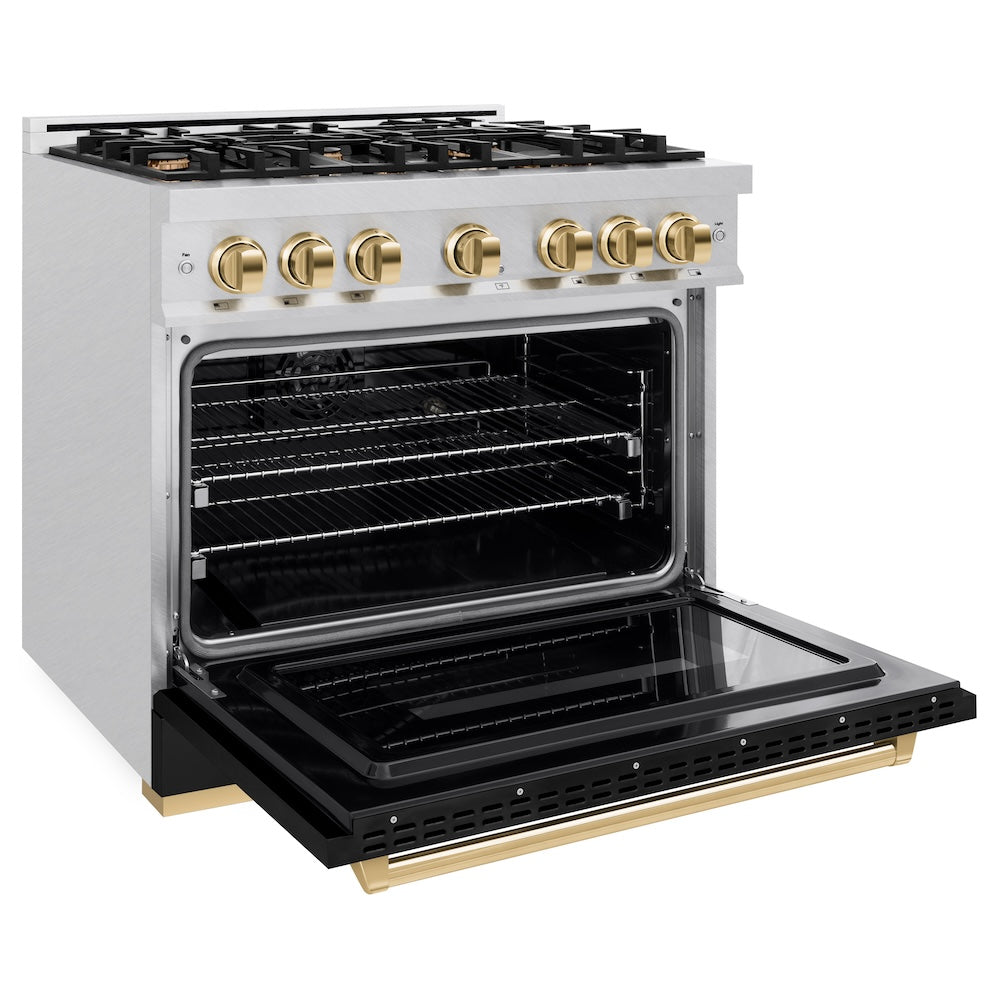 ZLINE Autograph Edition 36 in. 5.2 cu. ft. Classic Dual Fuel Range with 6 Burner Gas Cooktop and Electric Convection Oven in Satin Stainless Steel with Black Matte Door and Polished Gold Accents (CDRSZ-BLM-36-G)
