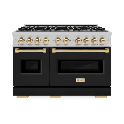 ZLINE Autograph Edition 48 in. 6.7 cu. ft. Classic Double Oven Dual Fuel Range with 8 Burner Gas Cooktop in Satin Stainless Steel with Black Matte Doors and Polished Gold Accents (CDRSZ-BLM-48-G)