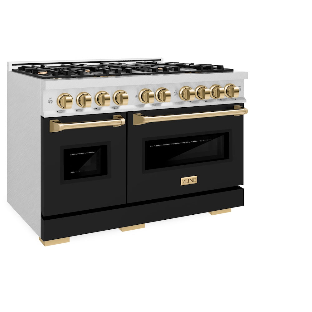ZLINE Autograph Edition 48 in. 6.7 cu. ft. Classic Double Oven Dual Fuel Range with 8 Burner Gas Cooktop in Satin Stainless Steel with Black Matte Doors and Polished Gold Accents (CDRSZ-BLM-48-G)