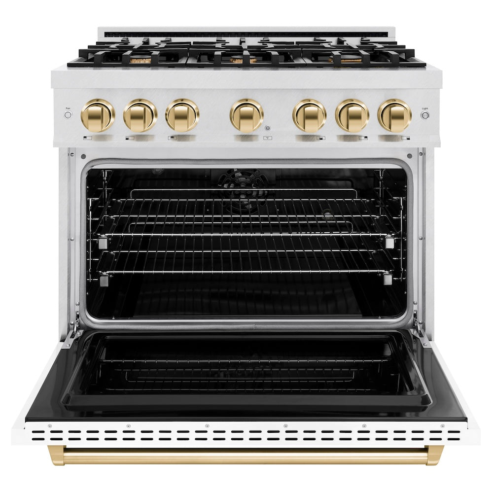 ZLINE Autograph Edition 36 in. 5.2 cu. ft. Classic Dual Fuel Range with 6 Burner Gas Cooktop and Electric Convection Oven in Satin Stainless Steel with White Matte Door and Polished Gold Accents (CDRSZ-WM-36-G)