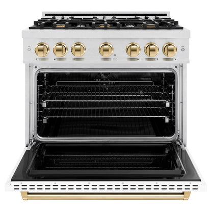 ZLINE Autograph Edition 36 in. 5.2 cu. ft. Classic Dual Fuel Range with 6 Burner Gas Cooktop and Electric Convection Oven in Satin Stainless Steel with White Matte Door and Polished Gold Accents (CDRSZ-WM-36-G)
