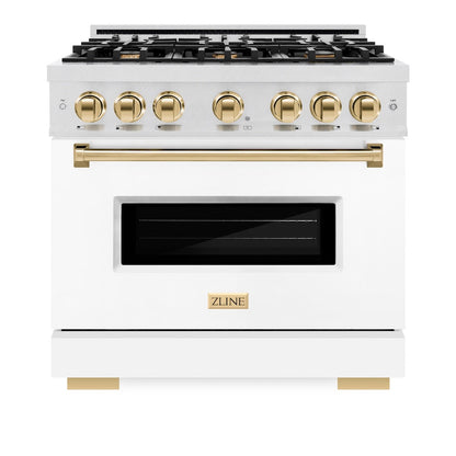 ZLINE Autograph Edition 36 in. 5.2 cu. ft. Classic Dual Fuel Range with 6 Burner Gas Cooktop and Electric Convection Oven in Satin Stainless Steel with White Matte Door and Polished Gold Accents (CDRSZ-WM-36-G)