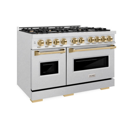 ZLINE Autograph Edition 48 in. 6.7 cu. ft. Classic Double Oven Dual Fuel Range with 8 Burner Gas Cooktop in Satin Stainless Steel and Polished Gold Accents (CDRSZ-48-G)