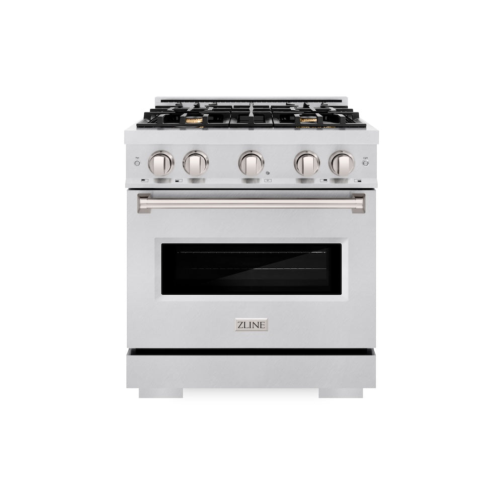 ZLINE 30 in. 4.2 cu. ft. Classic Dual Fuel Range with Gas Cooktop and Electric Convection Oven in Satin Stainless Steel with 4 Brass Burners (CDRS-BR-30)
