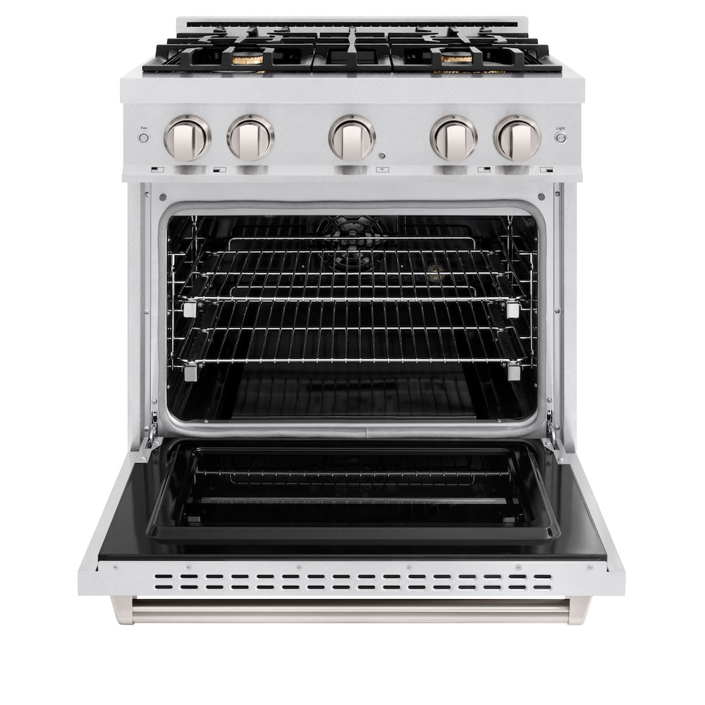 ZLINE 30 in. 4.2 cu. ft. Classic Dual Fuel Range with Gas Cooktop and Electric Convection Oven in Satin Stainless Steel with 4 Brass Burners (CDRS-BR-30)