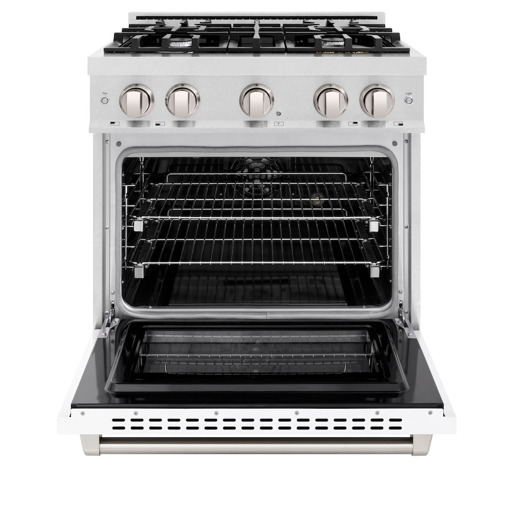 ZLINE 30 in. 4.2 cu. ft. Select Dual Fuel Range with 4 Burner Gas Cooktop and Electric Convection Oven in Satin Stainless Steel with White Matte Door (HDRS-WM-30)