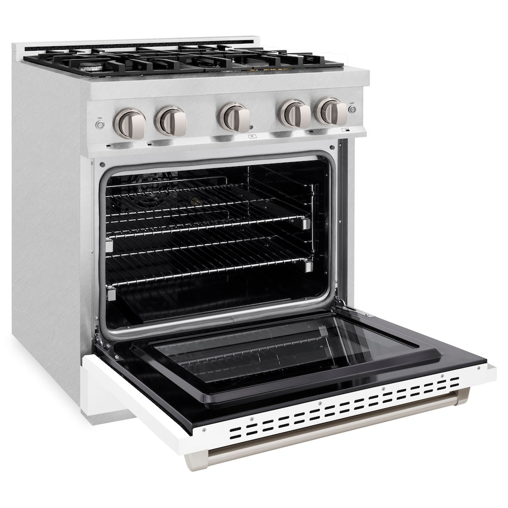 ZLINE 30 in. 4.2 cu. ft. Select Dual Fuel Range with 4 Burner Gas Cooktop and Electric Convection Oven in Satin Stainless Steel with White Matte Door (HDRS-WM-30)