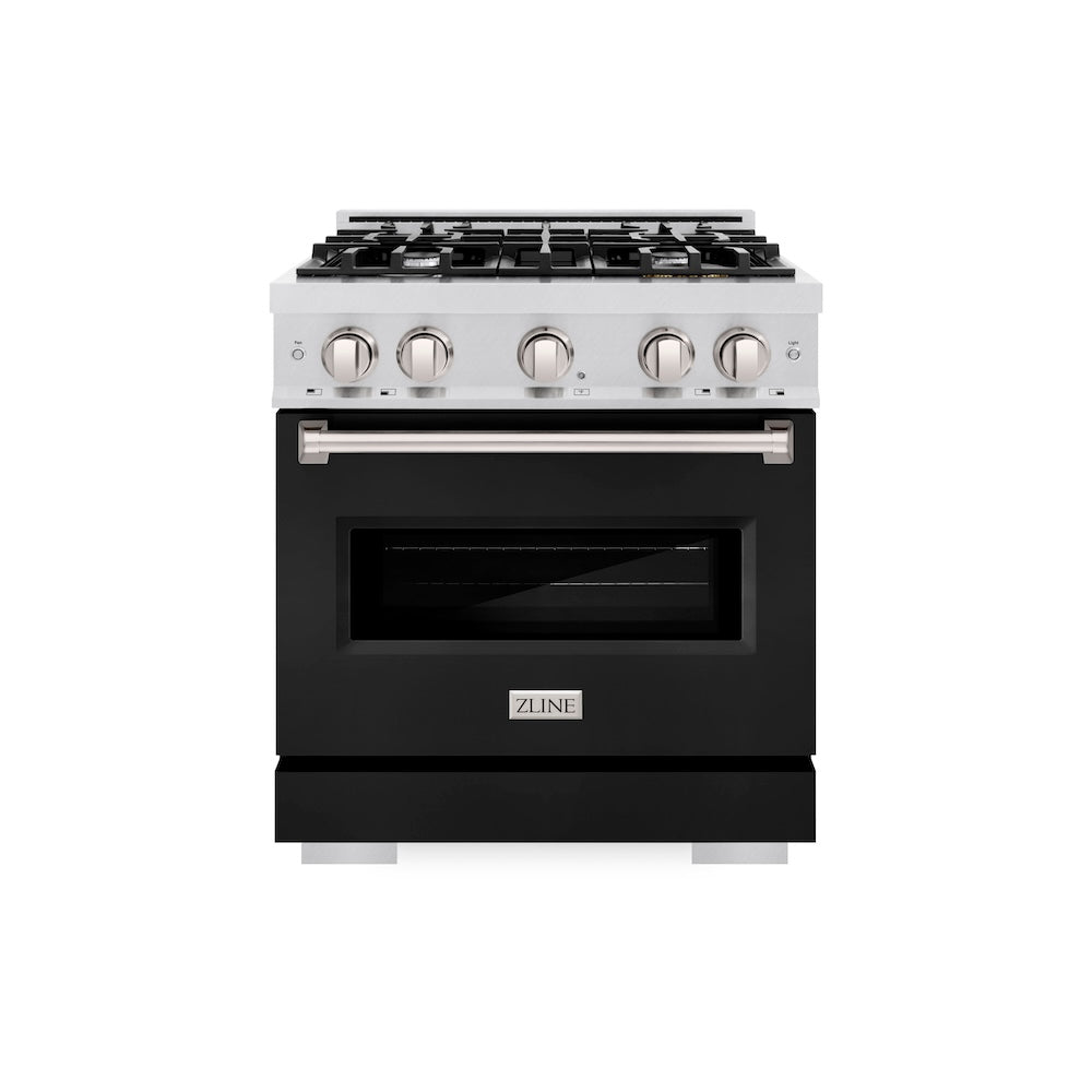 ZLINE 30 in. 4.2 cu. ft. Classic Gas Range with 4 Burner Cooktop and Convection Gas Oven in Satin Stainless Steel with Black Matte Door (CGRS-BLM-30)
