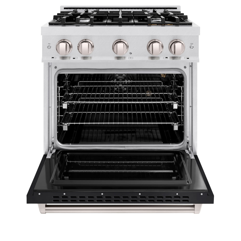 ZLINE 30 in. 4.2 cu. ft. Classic Gas Range with 4 Burner Cooktop and Convection Gas Oven in Satin Stainless Steel with Black Matte Door (CGRS-BLM-30)
