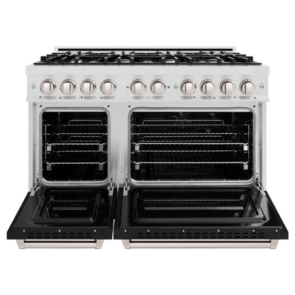 ZLINE 48 in. 6.7 cu. ft. Classic Double Oven Gas Range with 8 Burner Cooktop in Satin Stainless Steel with Black Matte Doors (CGRS-BLM-48)