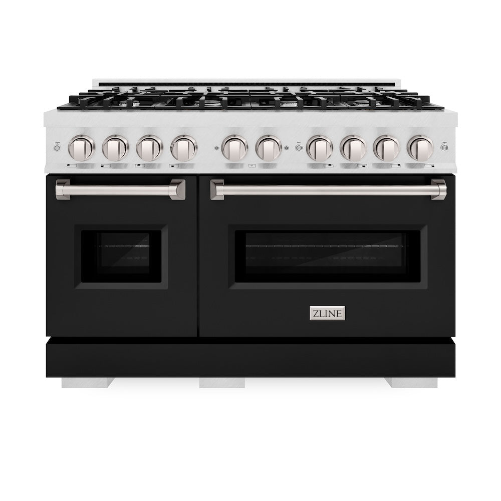ZLINE 48 in. 6.7 cu. ft. Classic Double Oven Gas Range with 8 Burner Cooktop in Satin Stainless Steel with Black Matte Doors (CGRS-BLM-48)