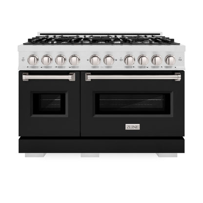 ZLINE 48 in. 6.7 cu. ft. Classic Double Oven Gas Range with 8 Burner Cooktop in Satin Stainless Steel with Black Matte Doors (CGRS-BLM-48)