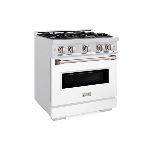 ZLINE 30 in. 4.2 cu. ft. Classic Gas Range with 4 Burner Cooktop and Convection Gas Oven in Satin Stainless Steel with White Matte Door (CGRS-WM-30)