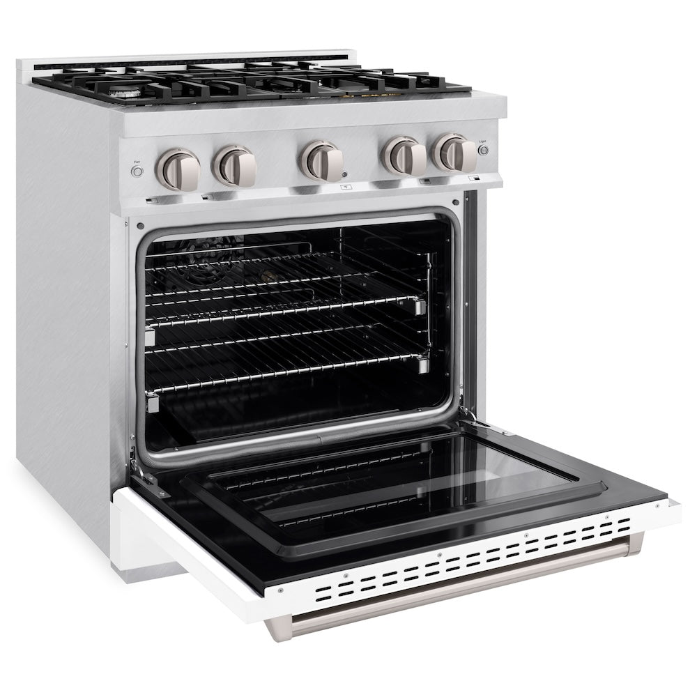 ZLINE 30 in. 4.2 cu. ft. Classic Gas Range with 4 Burner Cooktop and Convection Gas Oven in Satin Stainless Steel with White Matte Door (CGRS-WM-30)