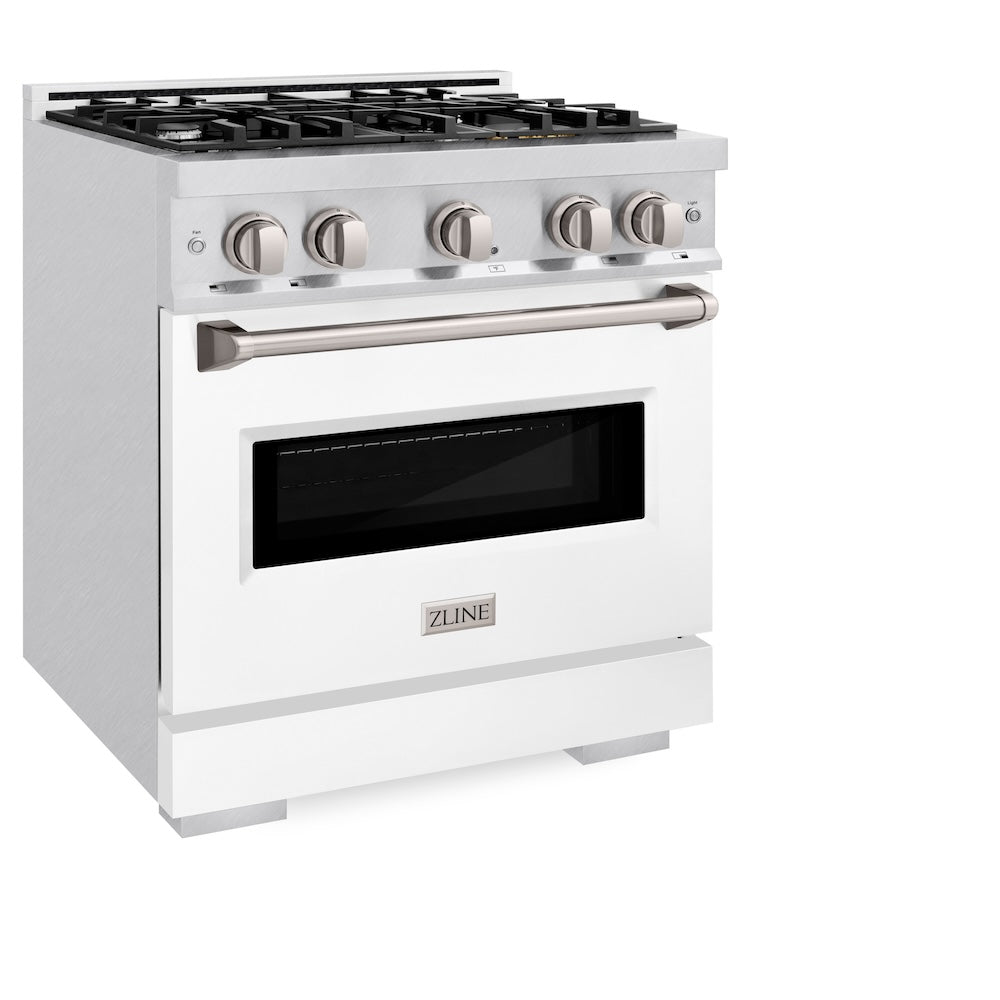 ZLINE 30 in. 4.2 cu. ft. Classic Gas Range with 4 Burner Cooktop and Convection Gas Oven in Satin Stainless Steel with White Matte Door (CGRS-WM-30)