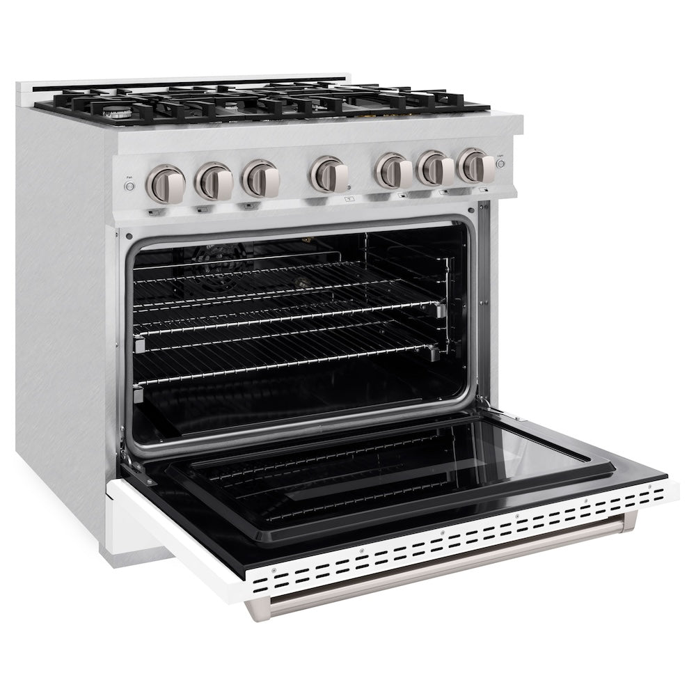 ZLINE 36 in. 5.2 cu. ft. Classic Gas Range with 6 Burner Cooktop and Convection Gas Oven in Satin Stainless Steel with White Matte Door (CGRS-WM-36)