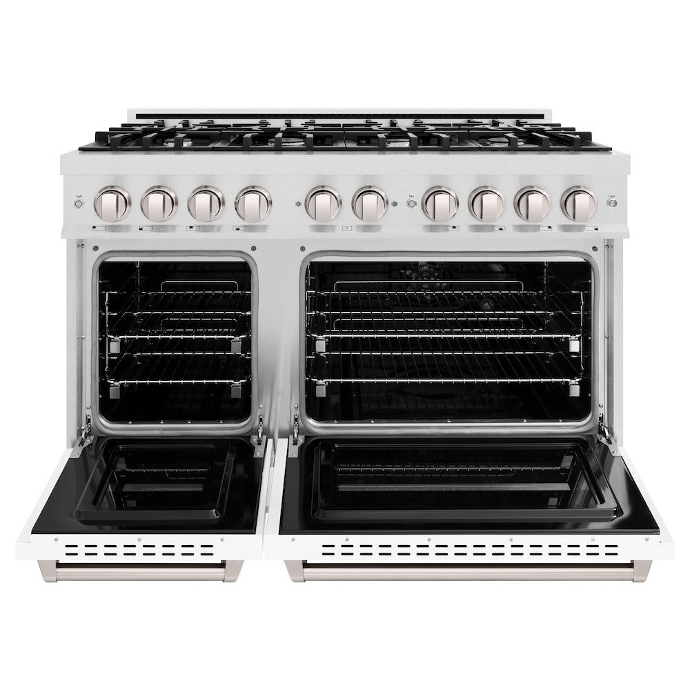 ZLINE 48 in. 6.7 cu. ft. Classic Double Oven Gas Range with 8 Burner Cooktop in Satin Stainless Steel with White Matte Doors (CGRS-WM-48)