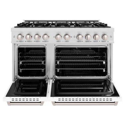 ZLINE 48 in. 6.7 cu. ft. Classic Double Oven Gas Range with 8 Burner Cooktop in Satin Stainless Steel with White Matte Doors (CGRS-WM-48)
