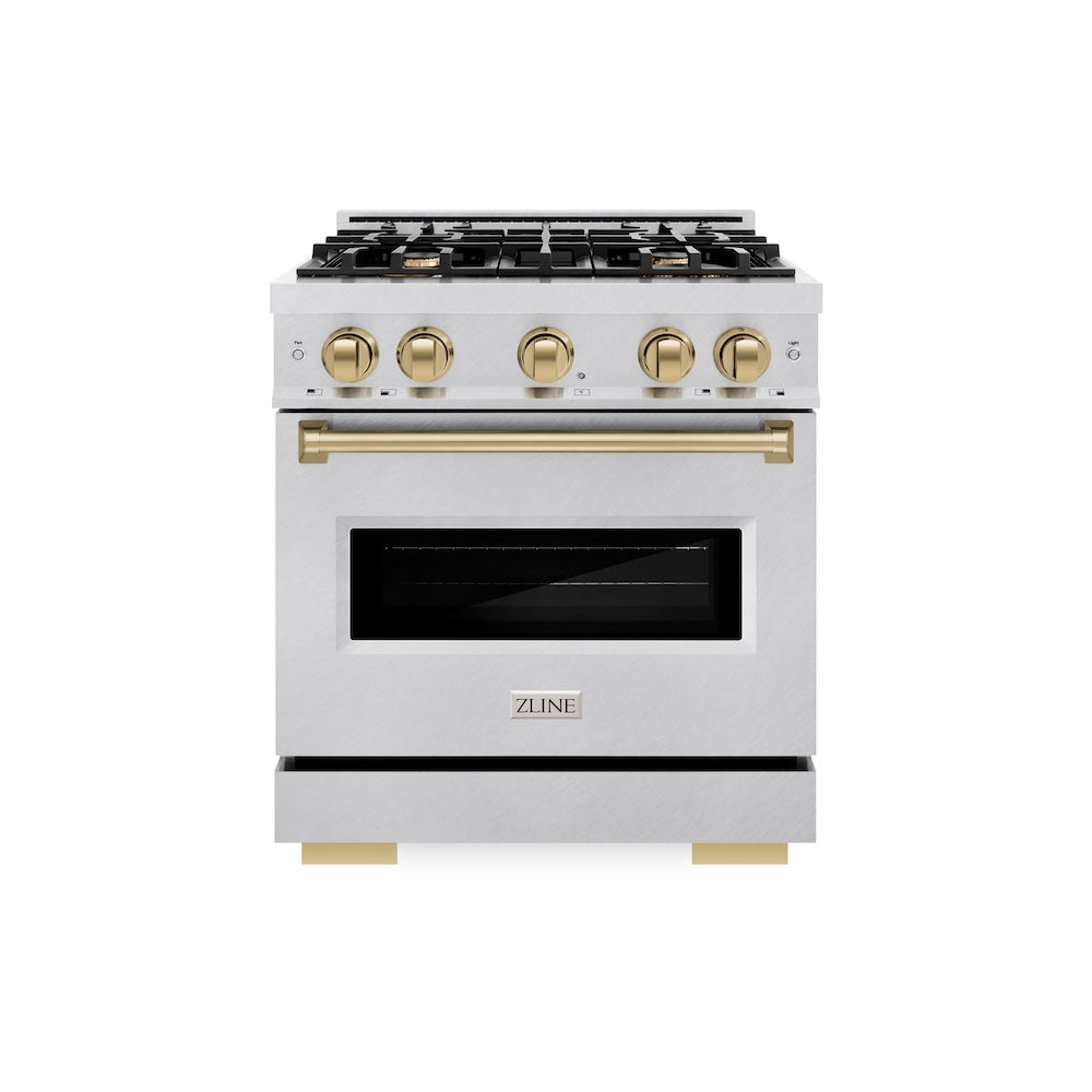 ZLINE Autograph Edition 30 in. 4.2 cu. ft. Classic Gas Range with 4 Burner Cooktop and Convection Gas Oven in Satin Stainless Steel and Champagne Bronze Accents (CGRSZ-30-CB)