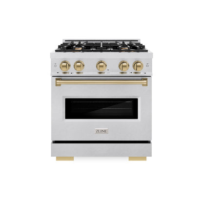 ZLINE Autograph Edition 30 in. 4.2 cu. ft. Classic Gas Range with 4 Burner Cooktop and Convection Gas Oven in Satin Stainless Steel and Champagne Bronze Accents (CGRSZ-30-CB)