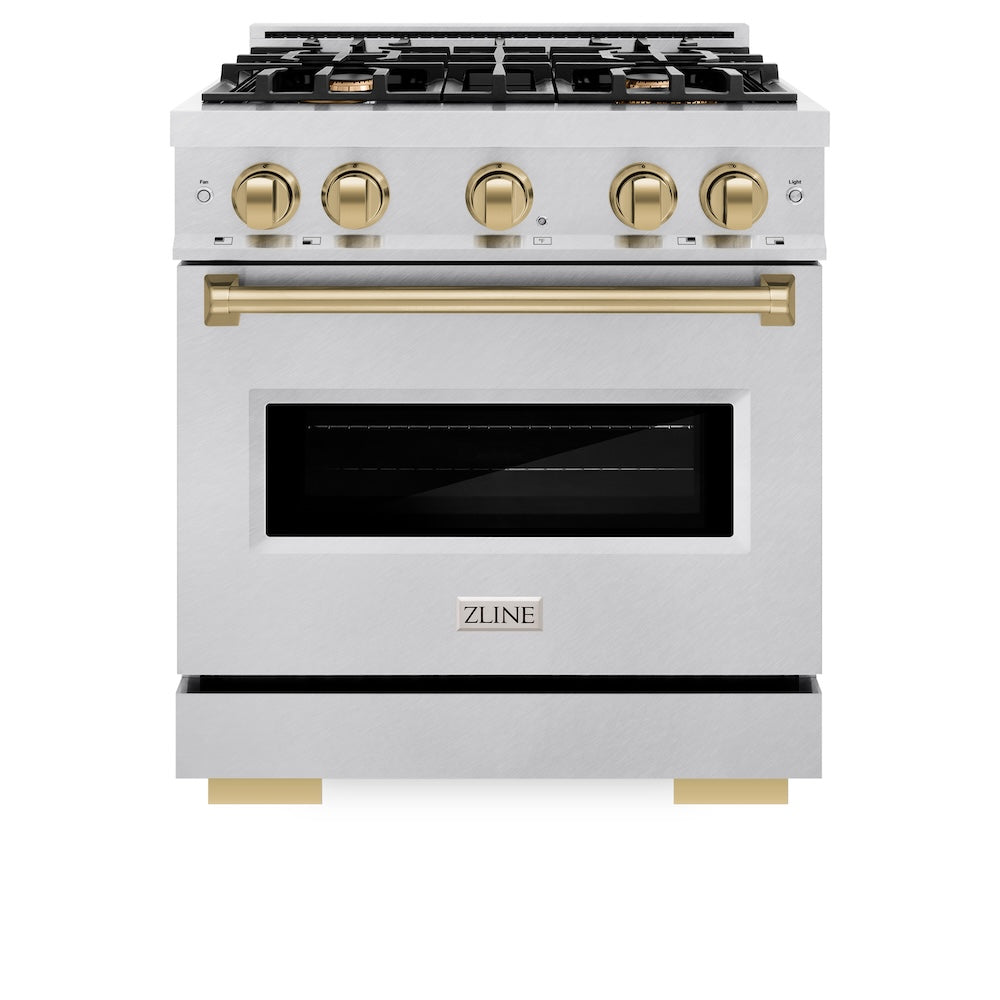 ZLINE Autograph Edition 30 in. 4.2 cu. ft. Classic Gas Range with 4 Burner Cooktop and Convection Gas Oven in Satin Stainless Steel and Champagne Bronze Accents (CGRSZ-30-CB)