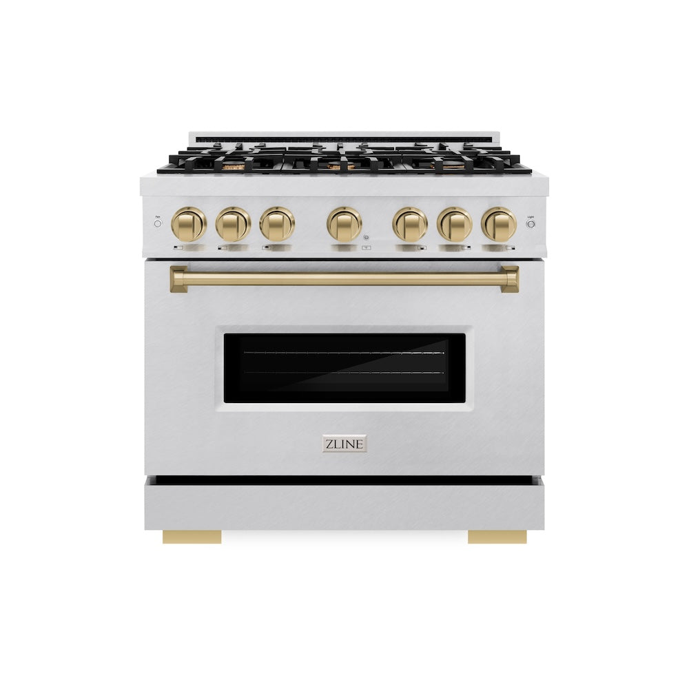ZLINE Autograph Edition 36 in. 5.2 cu. ft. Classic Gas Range with 6 Burner Cooktop and Convection Gas Oven in Satin Stainless Steel and Champagne Bronze Accents (CGRSZ-36-CB)