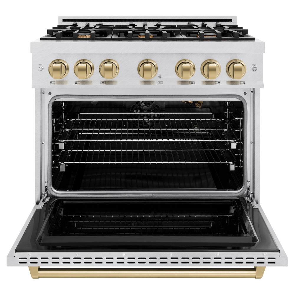 ZLINE Autograph Edition 36 in. 5.2 cu. ft. Classic Gas Range with 6 Burner Cooktop and Convection Gas Oven in Satin Stainless Steel and Champagne Bronze Accents (CGRSZ-36-CB)