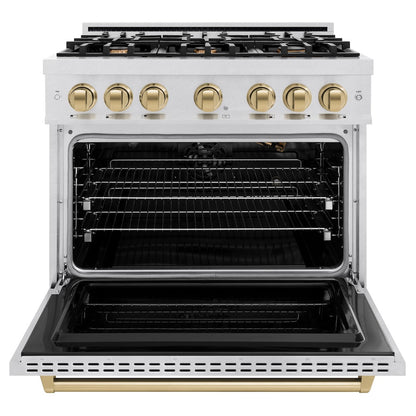 ZLINE Autograph Edition 36 in. 5.2 cu. ft. Classic Gas Range with 6 Burner Cooktop and Convection Gas Oven in Satin Stainless Steel and Champagne Bronze Accents (CGRSZ-36-CB)