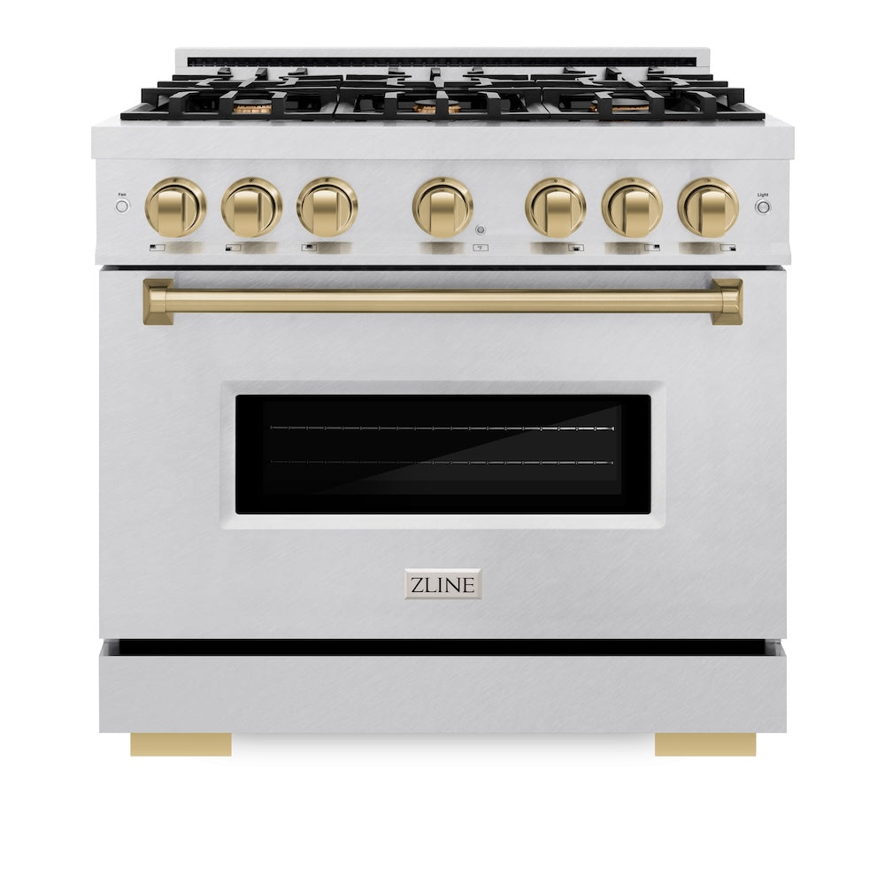 ZLINE Autograph Edition 36 in. 5.2 cu. ft. Classic Gas Range with 6 Burner Cooktop and Convection Gas Oven in Satin Stainless Steel and Champagne Bronze Accents (CGRSZ-36-CB)