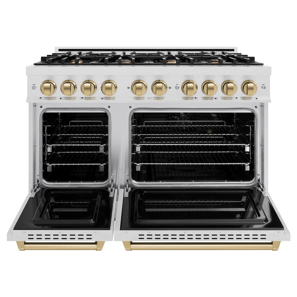 ZLINE Autograph Edition 48 in. 6.7 cu. ft. Classic Double Oven Gas Range with 8 Burner Cooktop in Satin Stainless Steel and Champagne Bronze Accents (CGRSZ-48-CB)