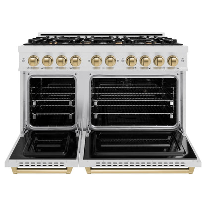 ZLINE Autograph Edition 48 in. 6.7 cu. ft. Classic Double Oven Gas Range with 8 Burner Cooktop in Satin Stainless Steel and Champagne Bronze Accents (CGRSZ-48-CB)