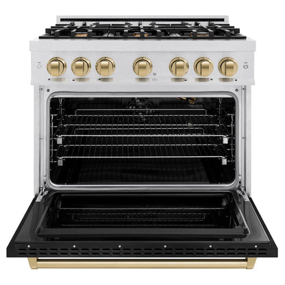 ZLINE Autograph Edition 36 in. 5.2 cu. ft. Classic Gas Range with 6 Burner Cooktop and Convection Gas Oven in Satin Stainless Steel with Black Matte Door and Champagne Bronze Accents (CGRSZ-BLM-36-CB)