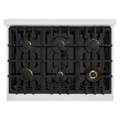 ZLINE Autograph Edition 36 in. 5.2 cu. ft. Classic Gas Range with 6 Burner Cooktop and Convection Gas Oven in Satin Stainless Steel with Black Matte Door and Champagne Bronze Accents (CGRSZ-BLM-36-CB)