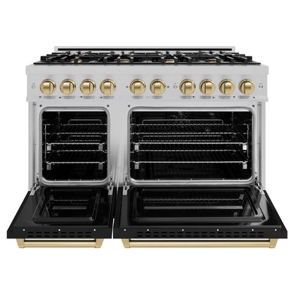 ZLINE Autograph Edition 48 in. 6.7 cu. ft. Classic Double Oven Gas Range with 8 Burner Cooktop in Satin Stainless Steel with Black Matte Doors and Champagne Bronze Accents (CGRSZ-BLM-48-CB)
