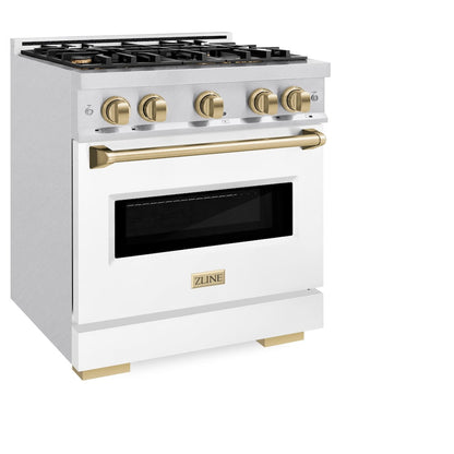 ZLINE Autograph Edition 30 in. 4.2 cu. ft. Classic Gas Range with 4 Burner Cooktop and Convection Gas Oven in Satin Stainless Steel with White Matte Door and Champagne Bronze Accents (CGRSZ-WM-30-CB)